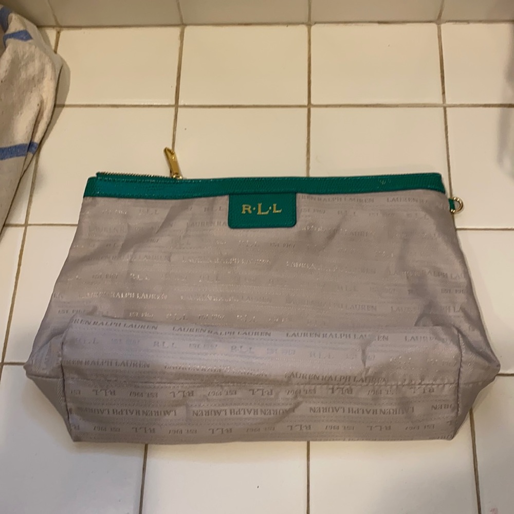 Lauren Ralph Lauren Gray Cosmetic Pouch with Green Trim